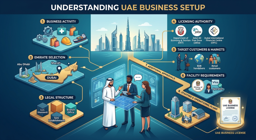 Infographic titled "UNDERSTANDING UAE BUSINESS SETUP" mapping out the 8 step-by-step factors involved in company registration, from business activity and emirate selection to obtaining a UAE business license.
