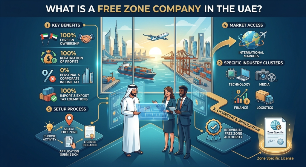 infographic titled "WHAT IS A FREE ZONE COMPANY IN THE UAE?" detailing benefits like 100% foreign ownership, zero taxes, industry clusters, and setup process, with a harbor and high-rise view in the background