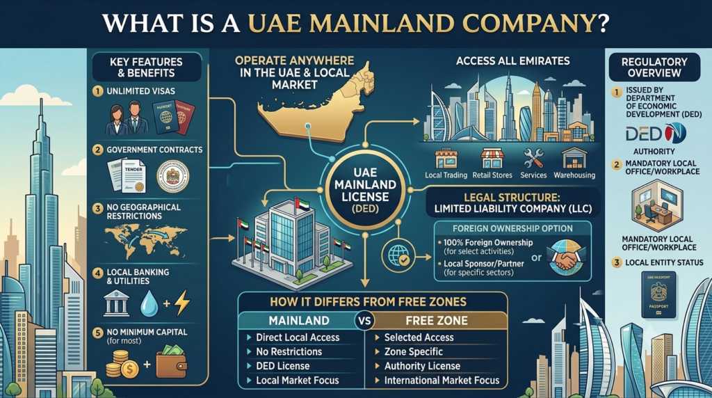 comprehensive infographic titled "WHAT IS A UAE MAINLAND COMPANY?" detailing the key features, regulatory overview, legal structure options, and comparison between Mainland and Free Zone business setups, with a stylized Dubai skyline backdrop.
